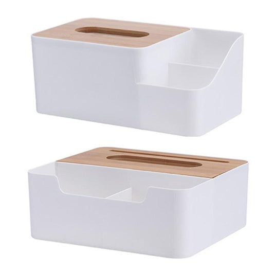 Multi-functional Plastic Tissue Box with Bamboo Wooden Cover Phone Slot Home Kitchen Napkin Case Holder Storage Decoration