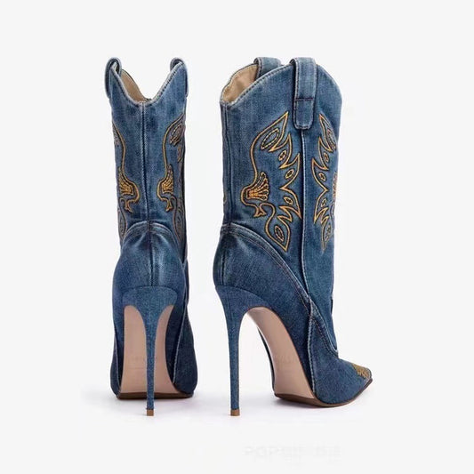 Western cowboy style high heels, pointed high heels, embroidered short tube, slim and sexy knight boots, fashion boots for women