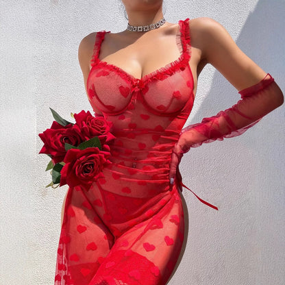 Elegant Lace Transparent Long Dress and Thong Two-Piece Set