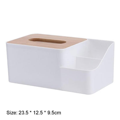 Multi-functional Plastic Tissue Box with Bamboo Wooden Cover Phone Slot Home Kitchen Napkin Case Holder Storage Decoration