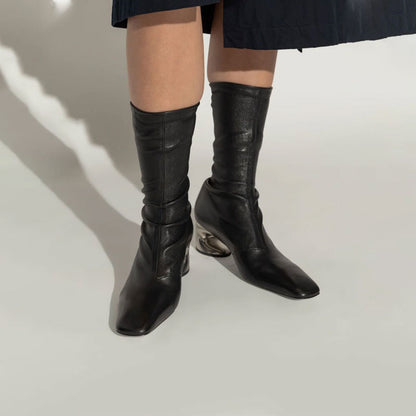 European and American new fashion women's sexy square head slimming leg wrap special-shaped medium heel slimming boots elastic long boots for women