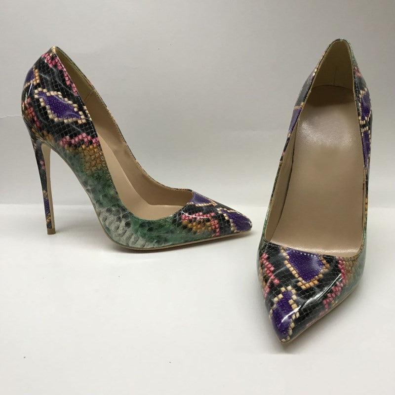 Color Snakeskin Pattern High Heels Women's 12cm Pointed Toe Stiletto Size Shallow Mouth Shoes