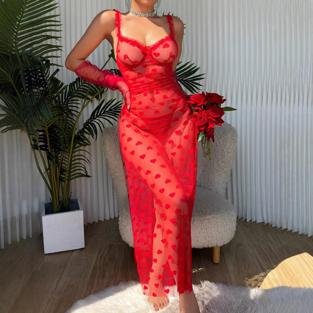 Elegant Lace Transparent Long Dress and Thong Two-Piece Set