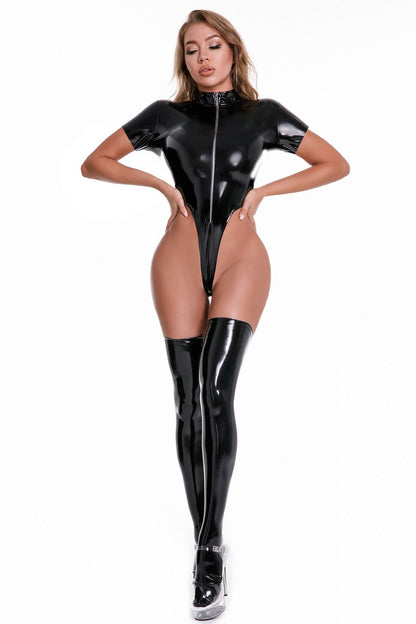 Split size high elasticity PU fun lingerie with glossy patent leather steel pipe dance nightclub jumpsuit++Socks
