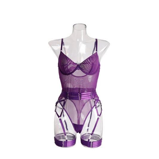 Hot selling fashionable and comfortable lingerie purple set sexy new collection gathered steel ring perspective