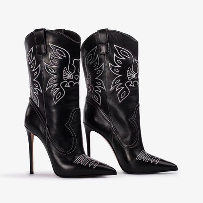 Western cowboy style high heels, pointed high heels, embroidered short tube, slim and sexy knight boots, fashion boots for women