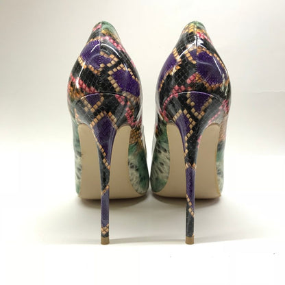 Color Snakeskin Pattern High Heels Women's 12cm Pointed Toe Stiletto Size Shallow Mouth Shoes