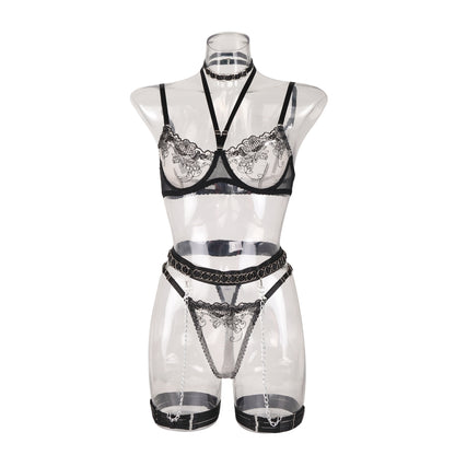 Lace hollow splicing perspective metal chain hanging neck sexy lingerie