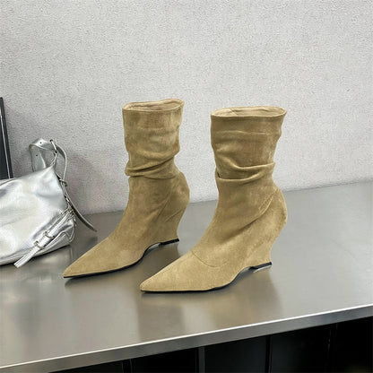 Autumn and Winter New Fashionable French Pointed Slope Heel Stacked Women's Boots Soft Leather High Heels Comfortable Short Boots