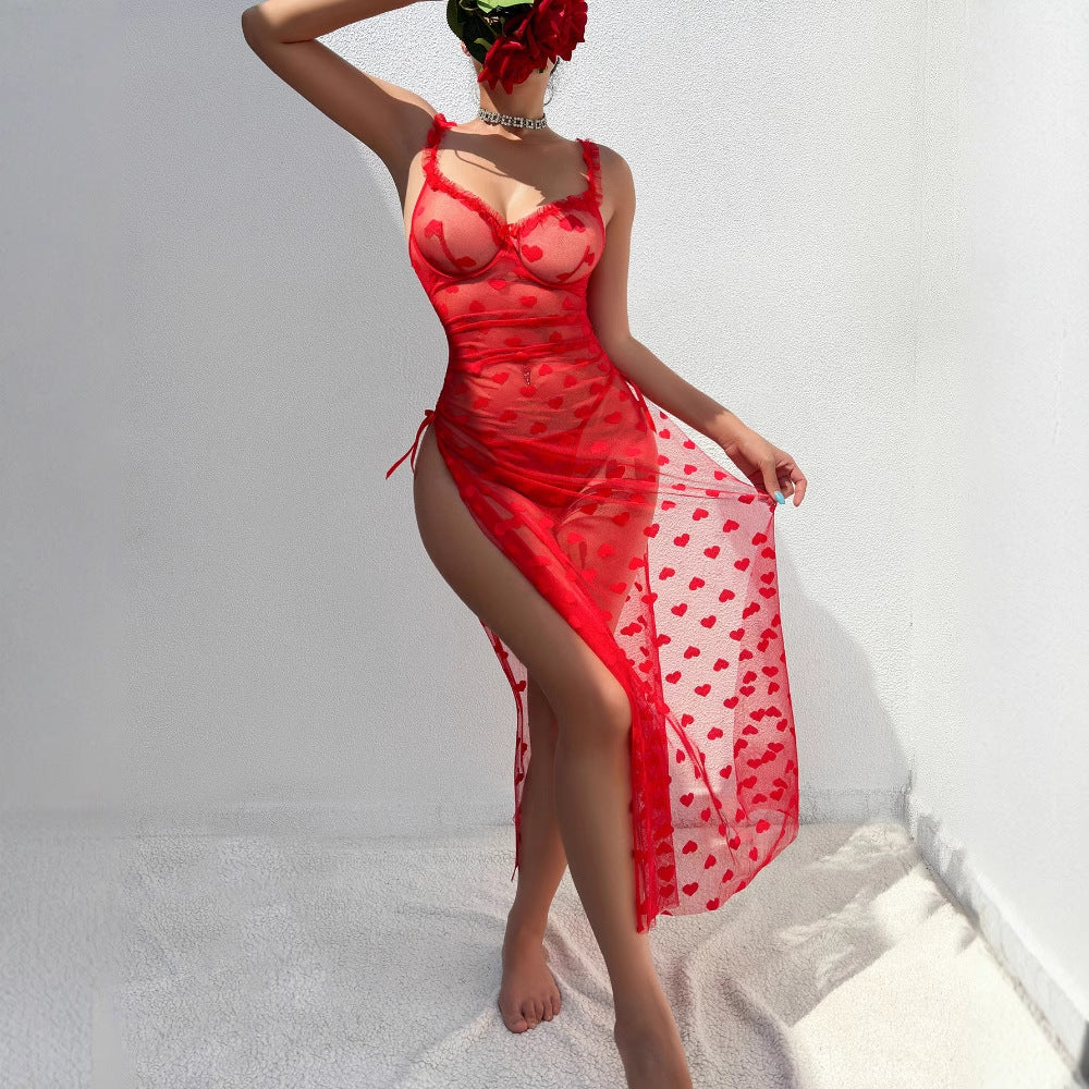 Elegant Lace Transparent Long Dress and Thong Two-Piece Set