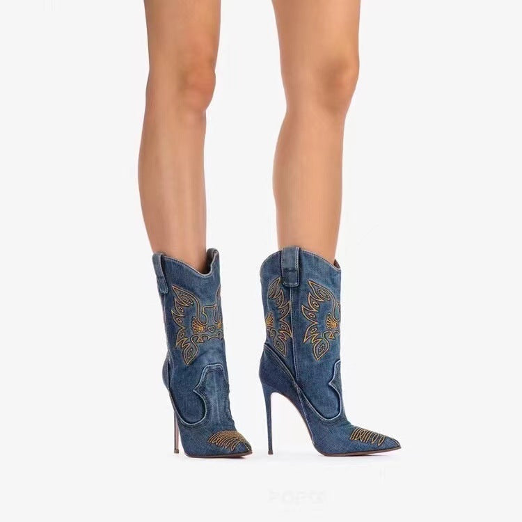 Western cowboy style high heels, pointed high heels, embroidered short tube, slim and sexy knight boots, fashion boots for women