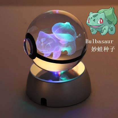 Pokemon Crystal Ball 3D Pikachu Gengar Mew Mewtwo Lamp Base Pokeball Crystal Pokemon Glass Ball Figure Night Light Birthday Gift