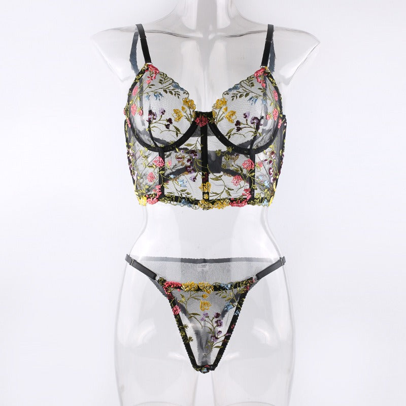 New Black Floral Embroidery with Fishbone Steel Ring Vest Sling Bra Pants Funny Underwear Set