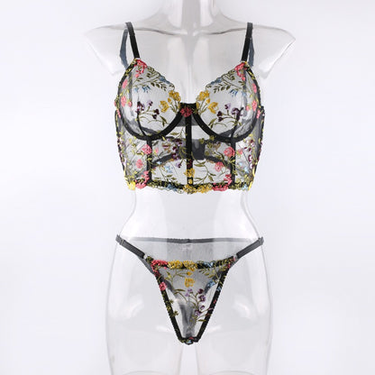 New Black Floral Embroidery with Fishbone Steel Ring Vest Sling Bra Pants Funny Underwear Set