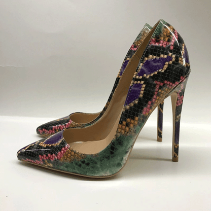 Color Snakeskin Pattern High Heels Women's 12cm Pointed Toe Stiletto Size Shallow Mouth Shoes