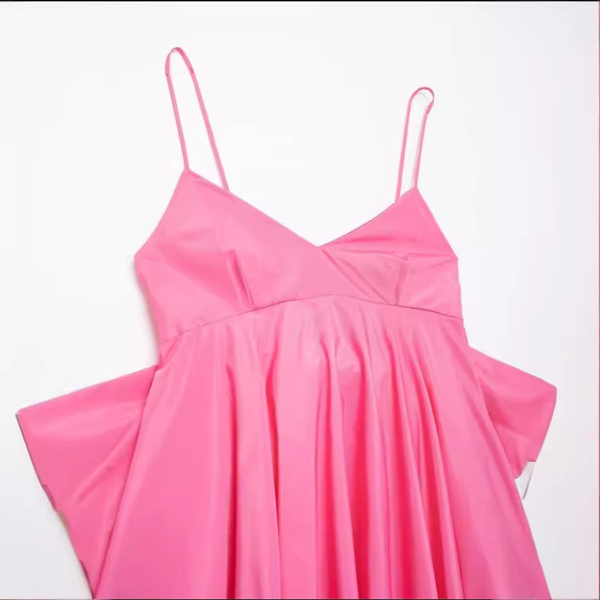 Summer new bow embellished taffeta suspender dress