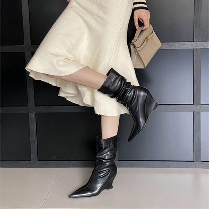 Autumn and Winter New Fashionable French Pointed Slope Heel Stacked Women's Boots Soft Leather High Heels Comfortable Short Boots