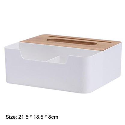 Multi-functional Plastic Tissue Box with Bamboo Wooden Cover Phone Slot Home Kitchen Napkin Case Holder Storage Decoration