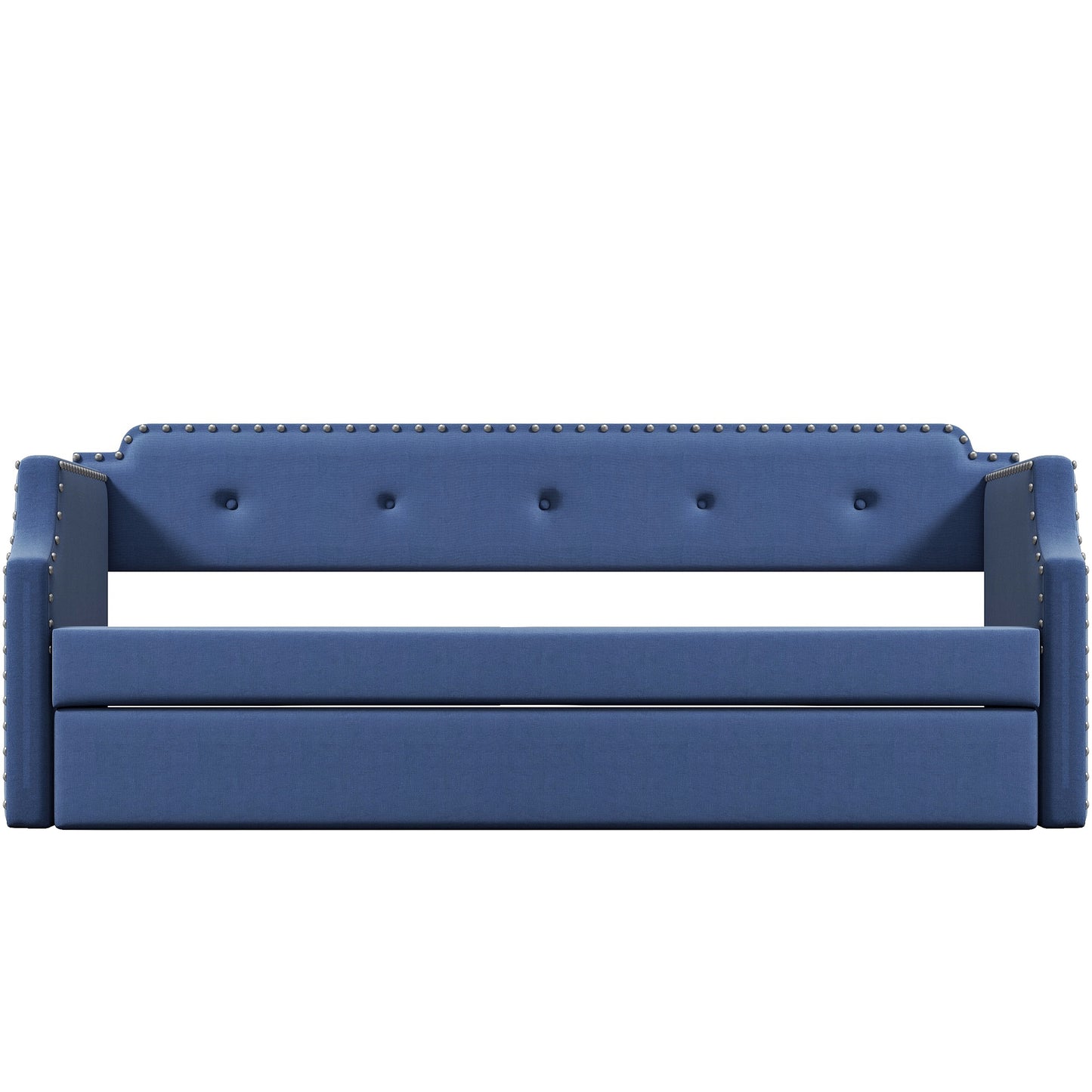 Upholstered Daybed with Trundle, Wood Slat Support,Upholstered Frame Sofa Bed Twin Blue