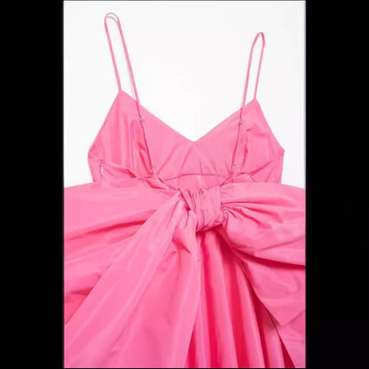 Summer new bow embellished taffeta suspender dress