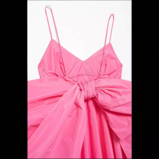 Summer new bow embellished taffeta suspender dress