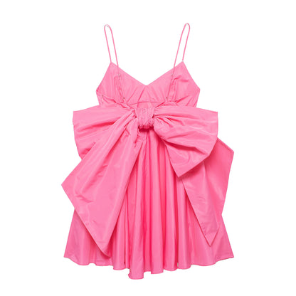 Summer new bow embellished taffeta suspender dress
