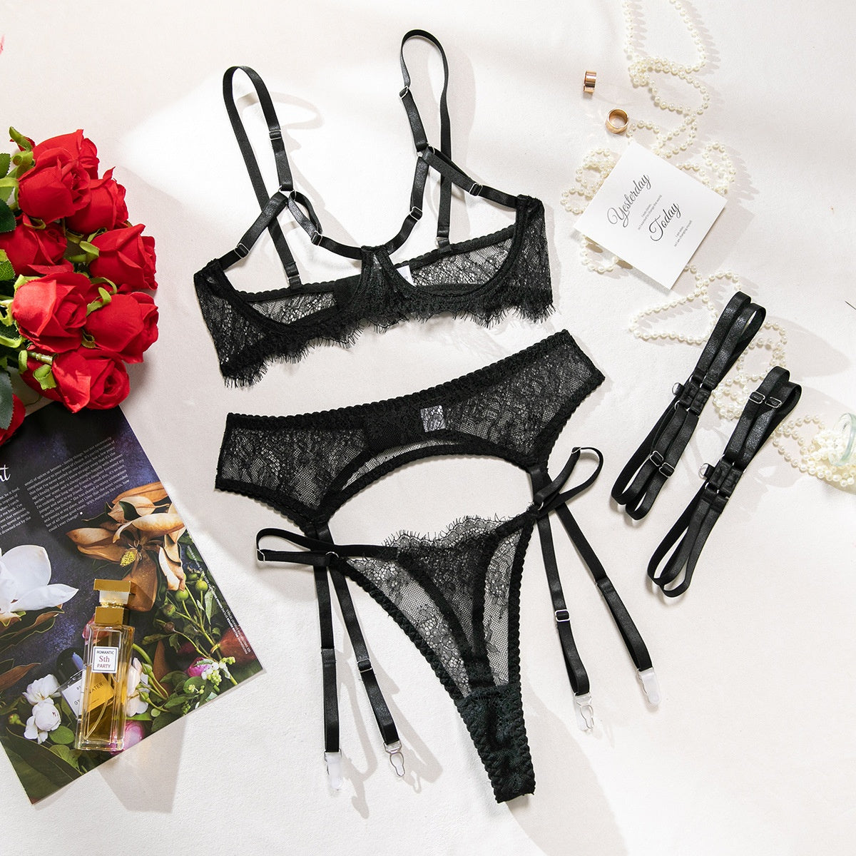 Sexy Black Lace Hollow-out No-removal Passion Temptation Erotic Underwear Four-piece Set