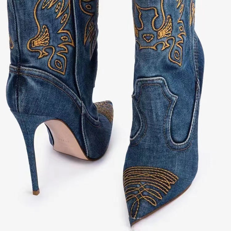 Western cowboy style high heels, pointed high heels, embroidered short tube, slim and sexy knight boots, fashion boots for women