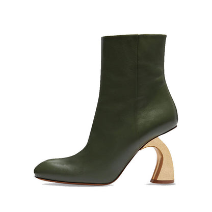 European and American metal special-shaped heel fashion boots ~ new square head side zipper high heel elegant commuter short boots commuter large size